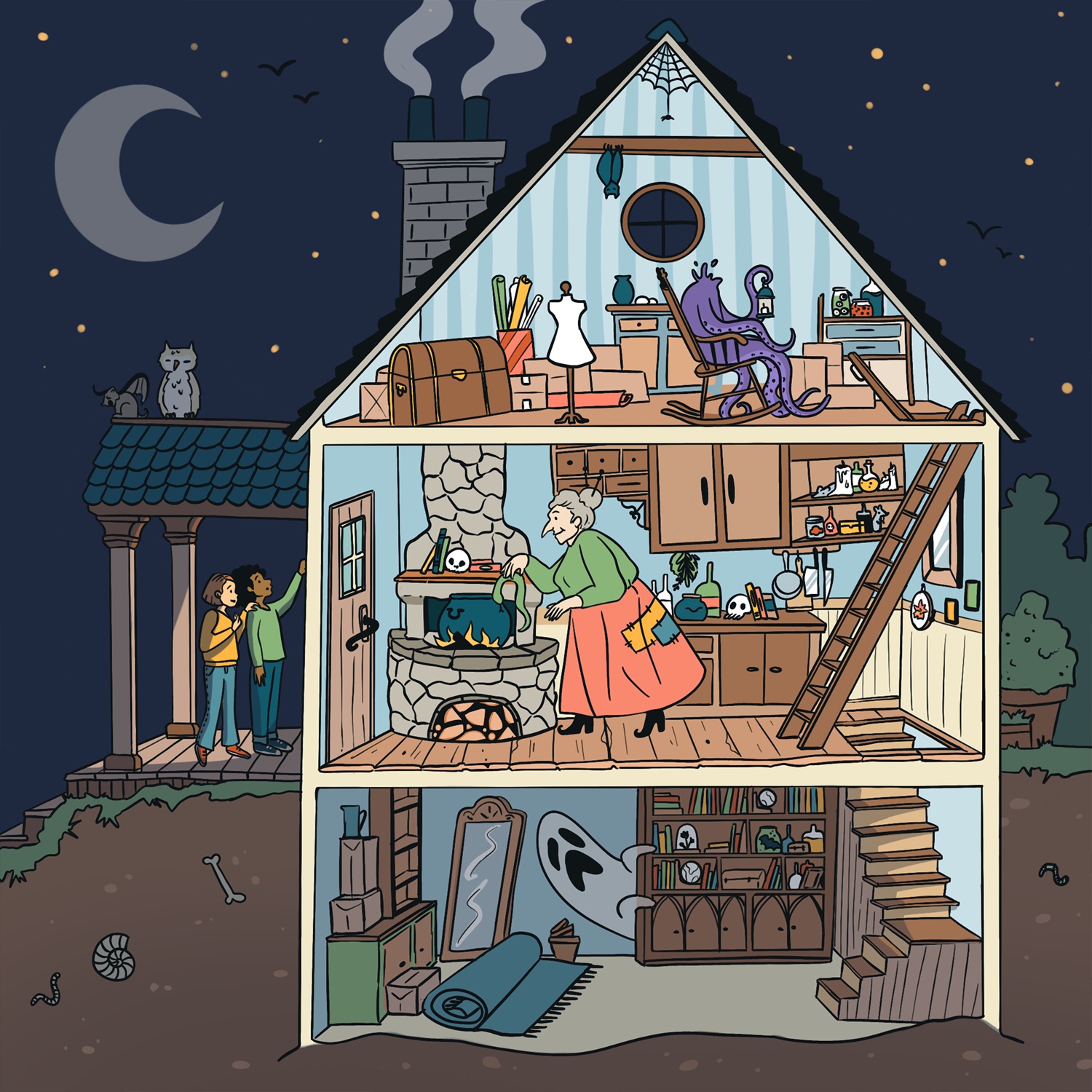 Dessin qui se passe la nuit : deux enfants sonnent à la porte d'une maison dans laquelle on peut voir un monstre sans 
				tête dans le grenier, une sorcière faisant la cuisine et un fantôme dans la cave.